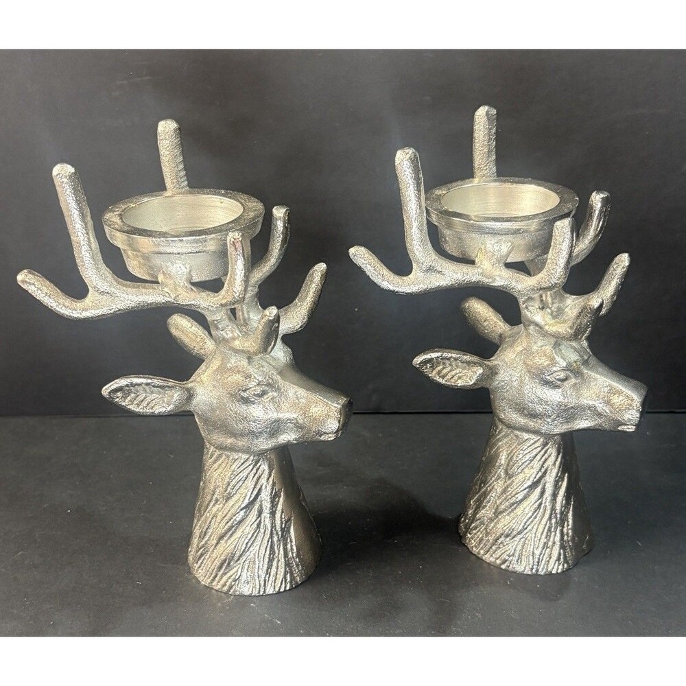 Silver Reindeer Metal Candle Holder Lot in Silver Tone - Stag • Buck • Antlers